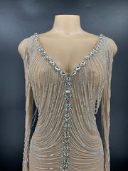 Women Clothing Direct Sexy Crystal Chain Knee Length Ball Gown Shiny Rhinestone European Designer Evening Dress