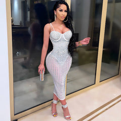 Women Wear Party Nightclub Mesh See through Rhinestone Diamond Strap Dress