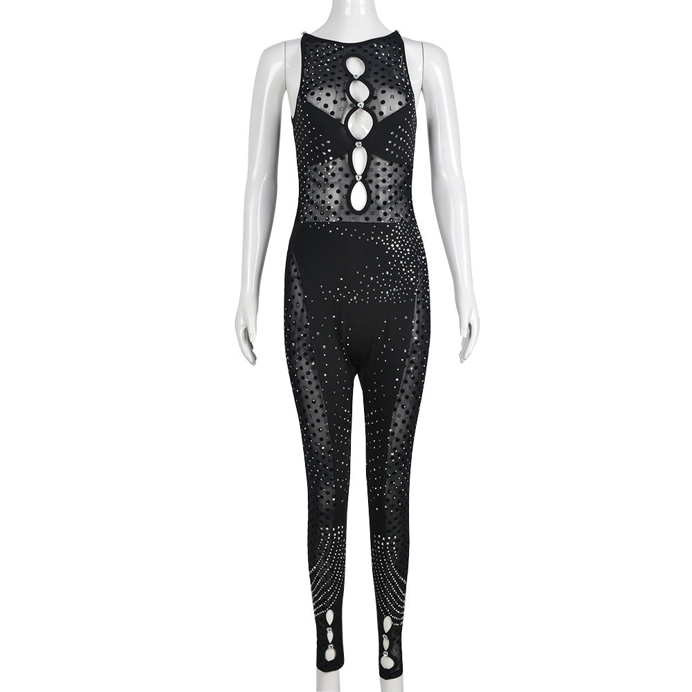 Women Sleeveless Mesh Rhinestone Zipper Hollow Out Cutout Crew Neck Flocking Jumpsuit