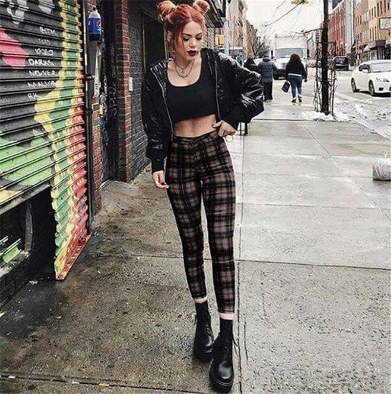 Popular Plaid High Waist Leggings Women Casual Pants Stretch Feet Pants Pencil Pants