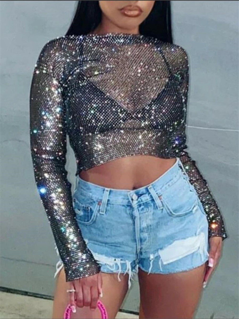 Rhinestone T shirt Women Clothing Popular Mesh Rhinestone Disco Long Sleeved Top