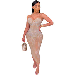 Women Sling Rhinestone Perspective Slim Dress