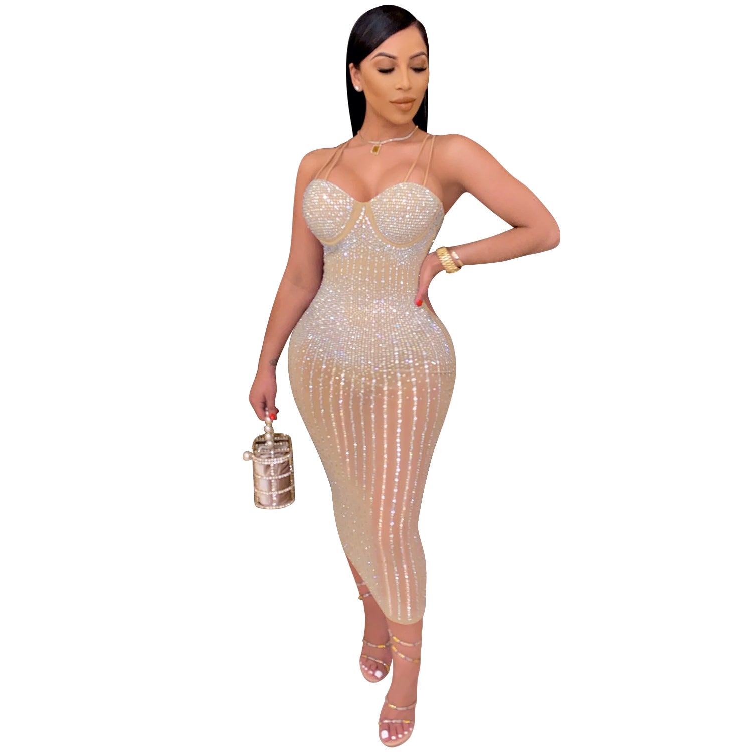 Women Wear Party Nightclub Mesh See through Rhinestone Diamond Strap Dress