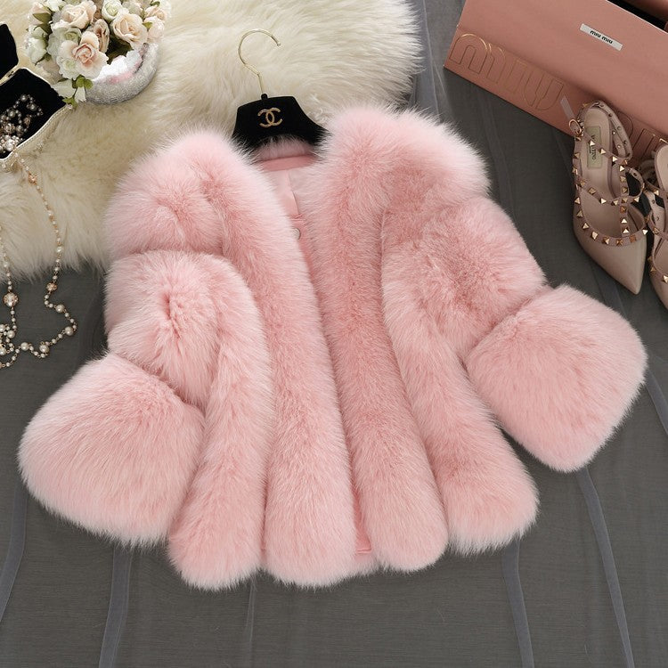 Fur Women Coat Faux Fur Short Stitching Three-Quarter Sleeve Artificial Fur