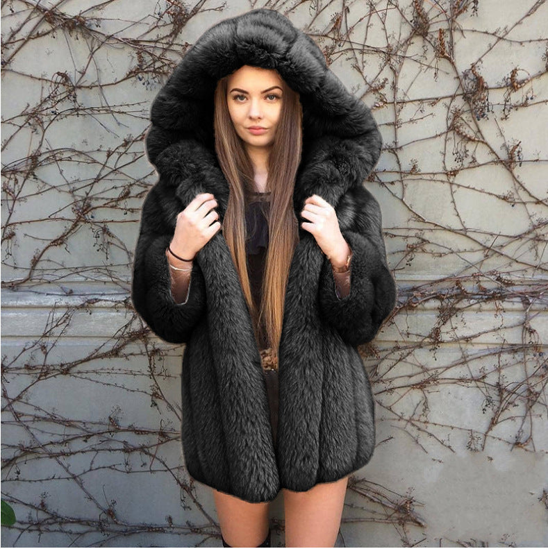 Fox Fur Faux Fur Coat Women Hooded Stitching Mid Length Coat