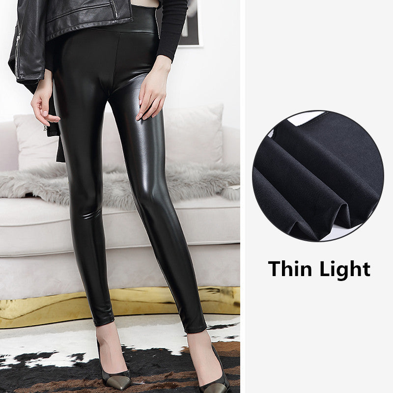 Autumn Winter High Waist Faux Leather Pants Bright Leather Leggings High Elastic Women Fleece Lined Feet Pants Cropped Pants