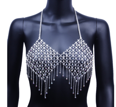 Sexy Super Flash AB Color Tassel Body Cha Diamond Net Bra Chain