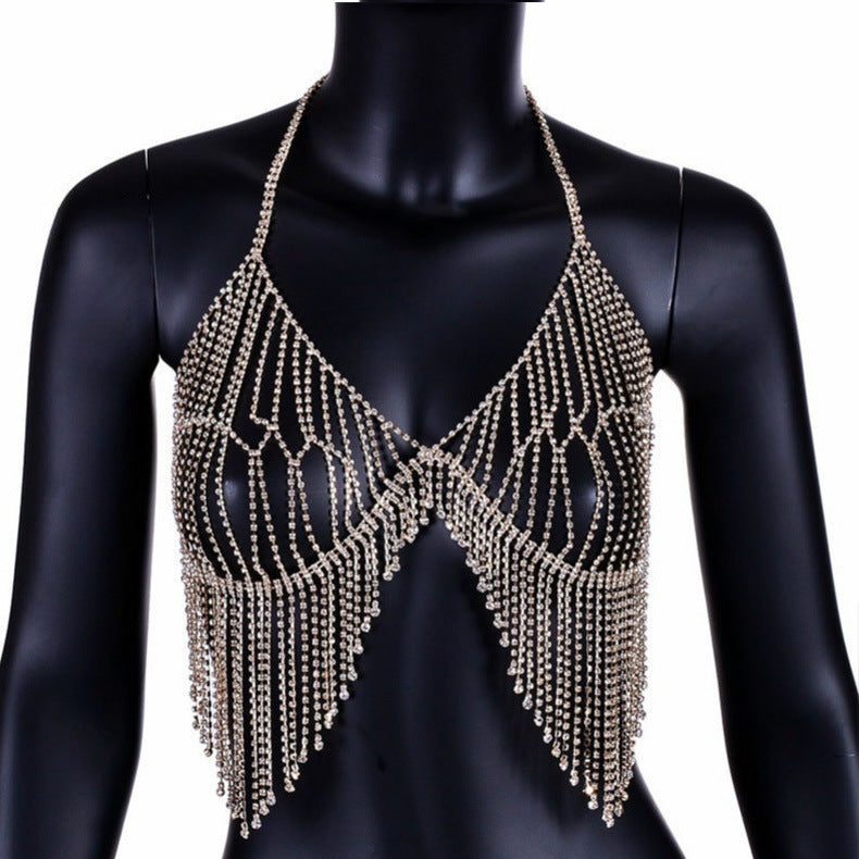 Sexy Beach Ornament Diamond Tassel Body Cha Bikini Chest Necklace Rhinestone Underwear Bra