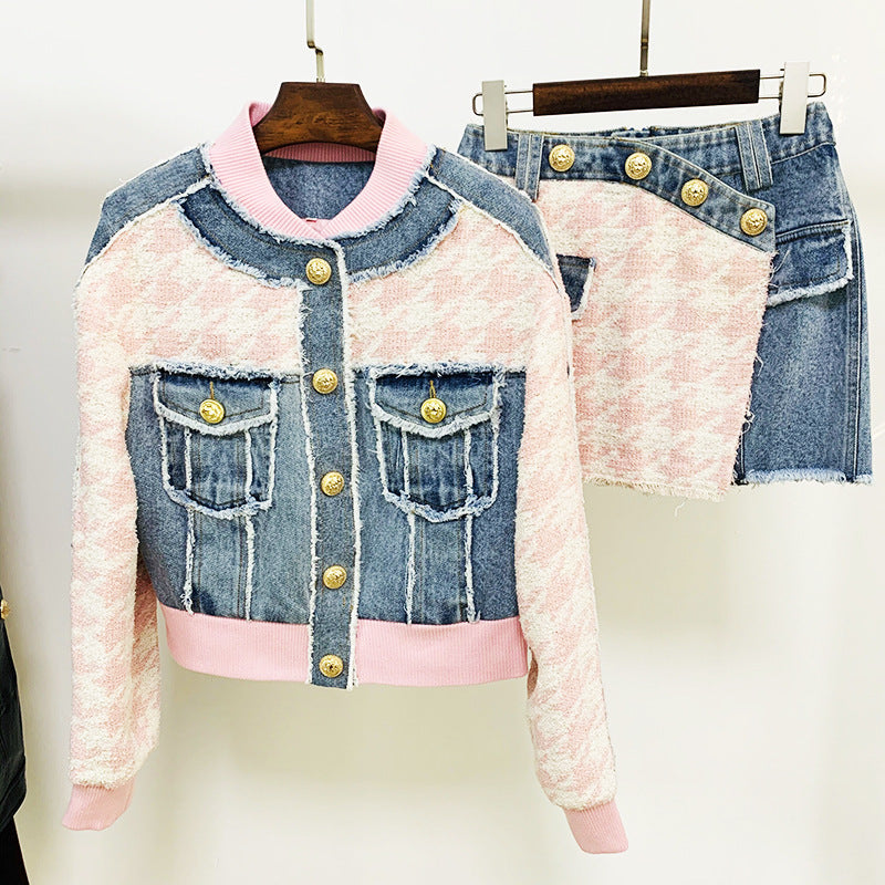 Houndstooth Denim Stitching Loose Fringe Varsity Jacket Jacket Coat Skirt Set Two Piece Set