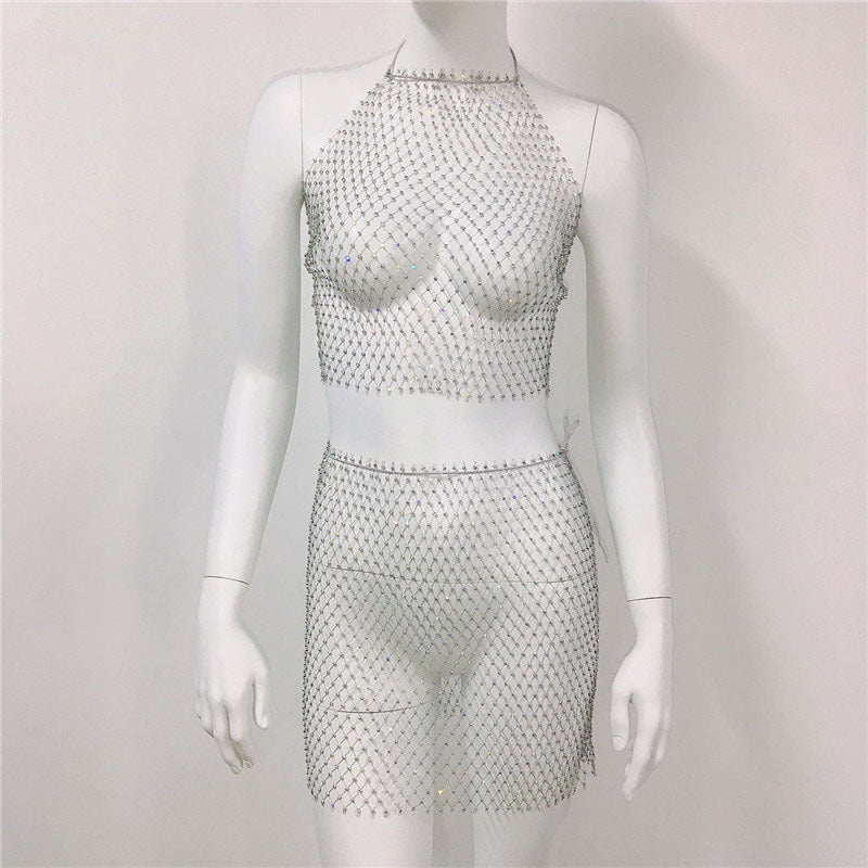 Rhinestone Fishnet Strap Skirt Sexy Mesh Beach Skirt Sets