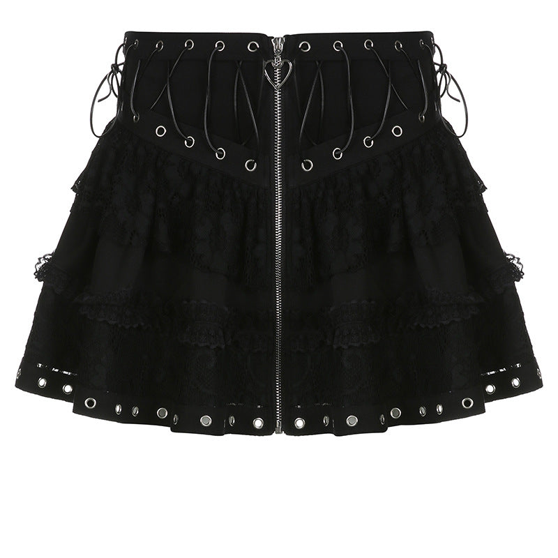 Personality Dark Goth Waist Trimming Lace up Lace Stitching Design Sweet Cool Girl A Line Skirt