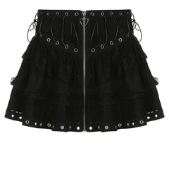 Personality Dark Goth Waist Trimming Lace up Lace Stitching Design Sweet Cool Girl A Line Skirt