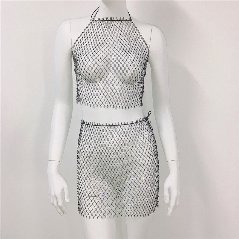 Rhinestone Fishnet Strap Skirt Sexy Mesh Beach Skirt Sets