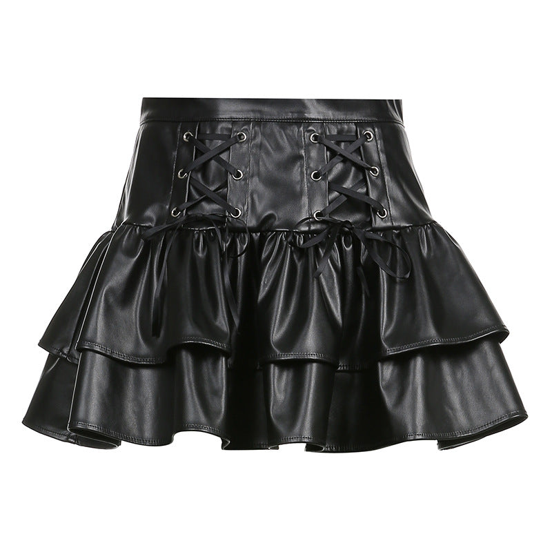 Dark Criss Cross Lace up Slimming Leather Skirt Double-Layer Stitching Faux Leather Zipper Pleated Skirt