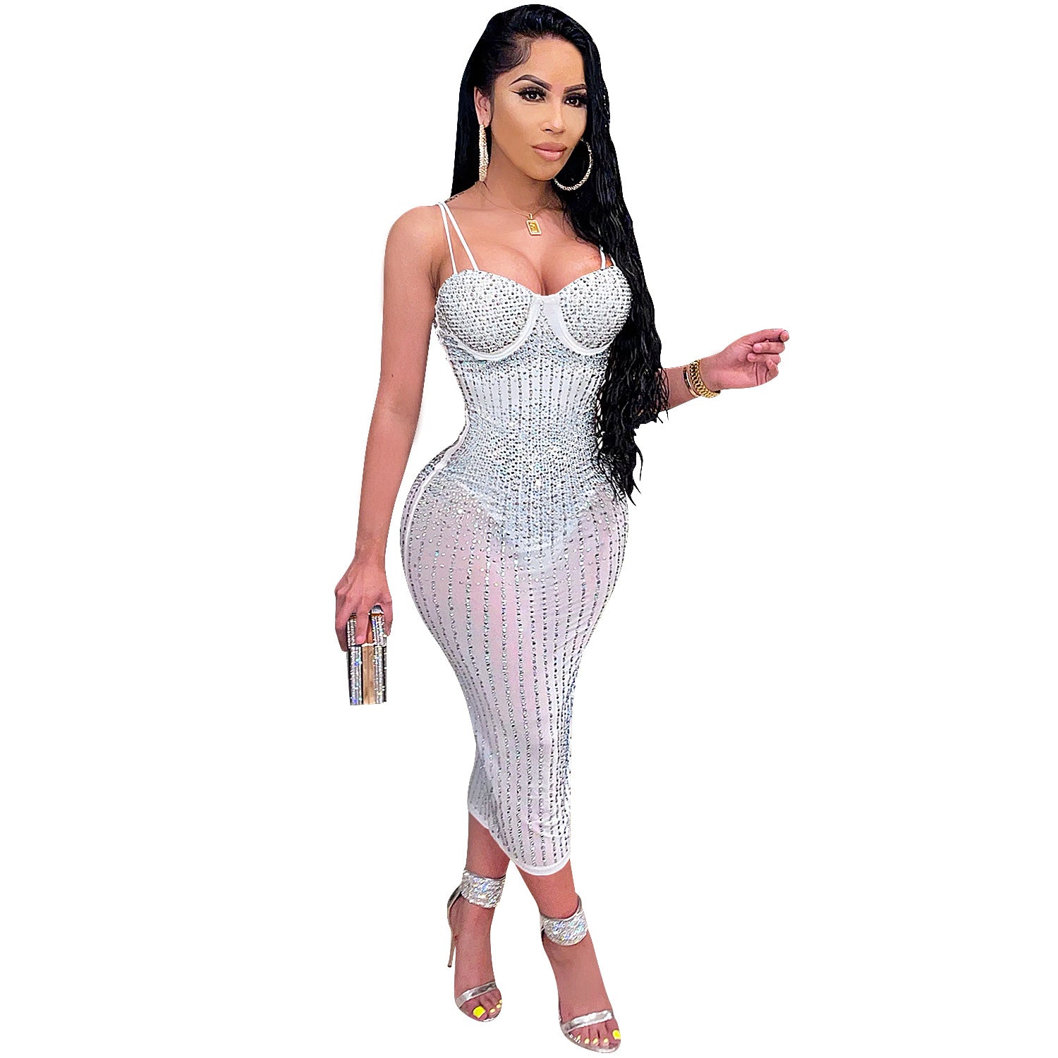 Women Wear Party Nightclub Mesh See through Rhinestone Diamond Strap Dress