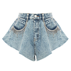 Ruffled Hem Large Wide Leg Denim Shorts Pants Faux Culottes