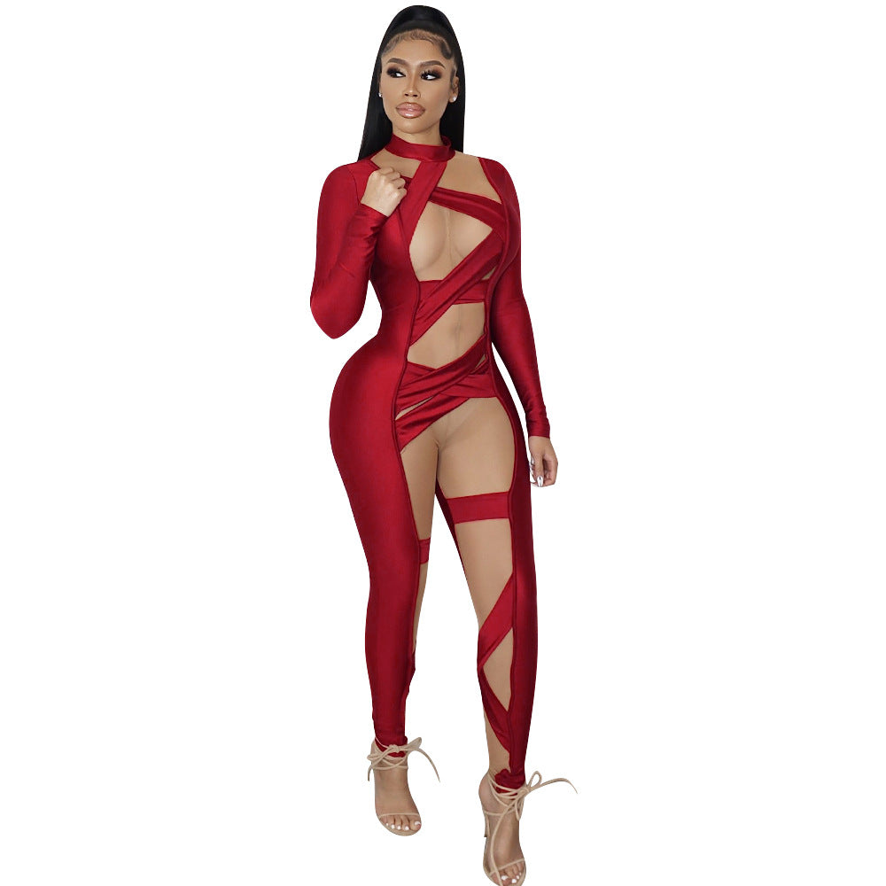 New Women Clothing Sexy Tight Bandage Mesh Stitching Long Sleeves Jumpsuit for Women