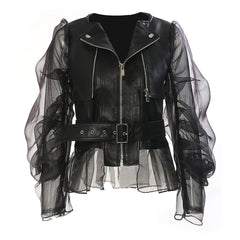 Domineering Stitching Mesh Transparent Leather Coat Motorcycle Jacket Jacket for Women