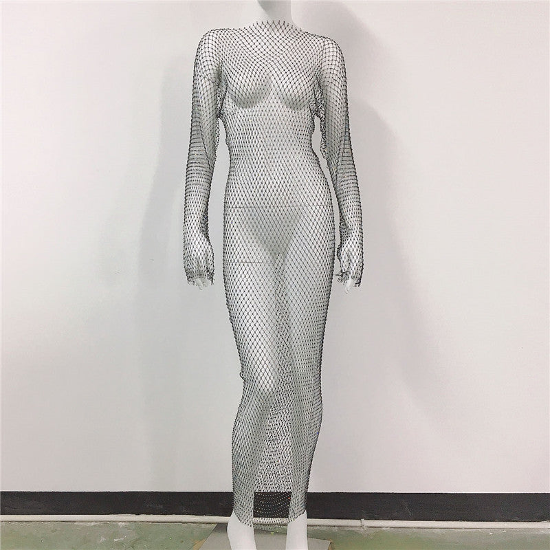 Women Clothing Mesh Rhinestone Fishnet Sexy See Through Nightclub Sexy Long Rhinestone Fishnet Dress