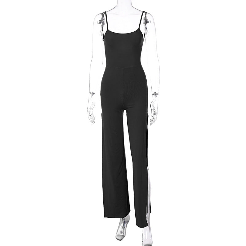 Women  Clothing Summer Solid Color Split Trousers Backless Suspender Jumpsuit