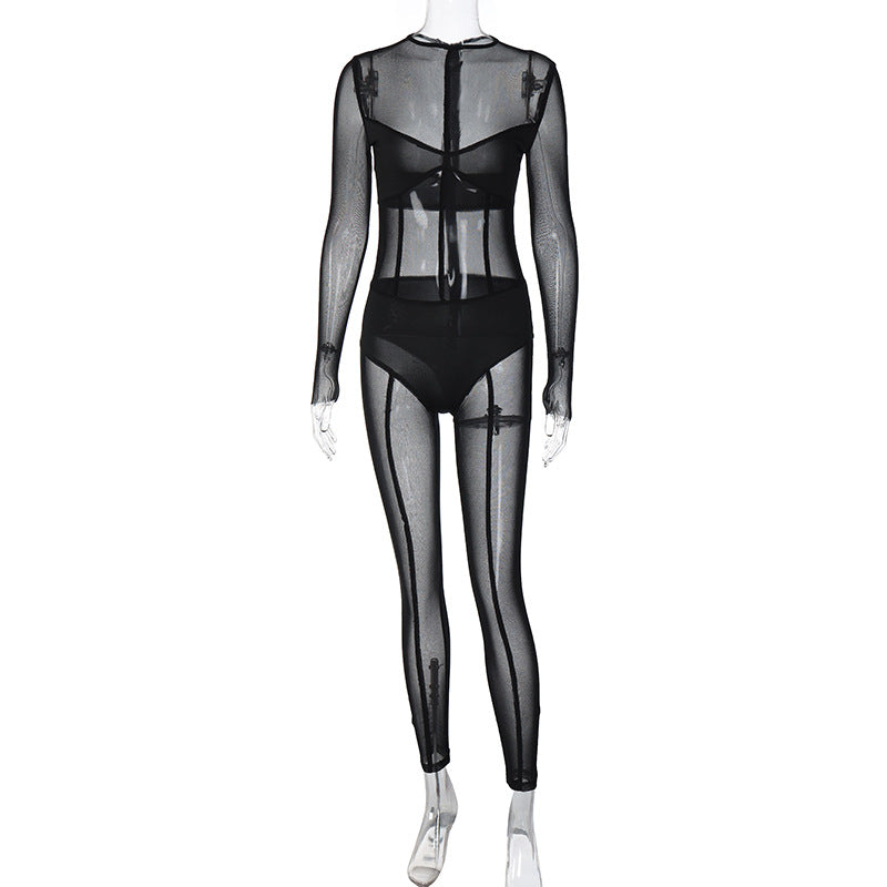 Long Sleeve Mesh Trousers Autumn Women  Clothing Sexy See through Jumpsuit