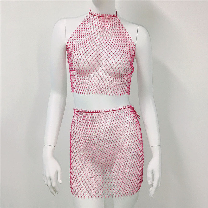 Rhinestone Fishnet Strap Skirt Sexy Mesh Beach Skirt Sets