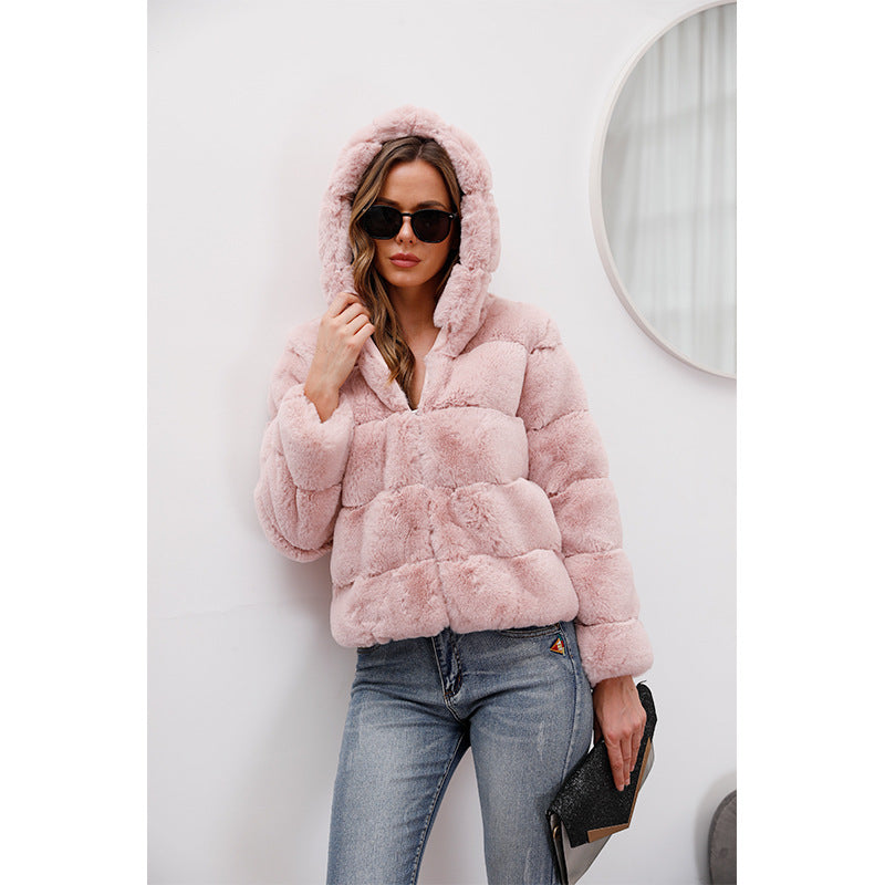 Short Solid Color Loose Horizontal Hooded Coat Faux Fur Autumn Winter Warm Coat