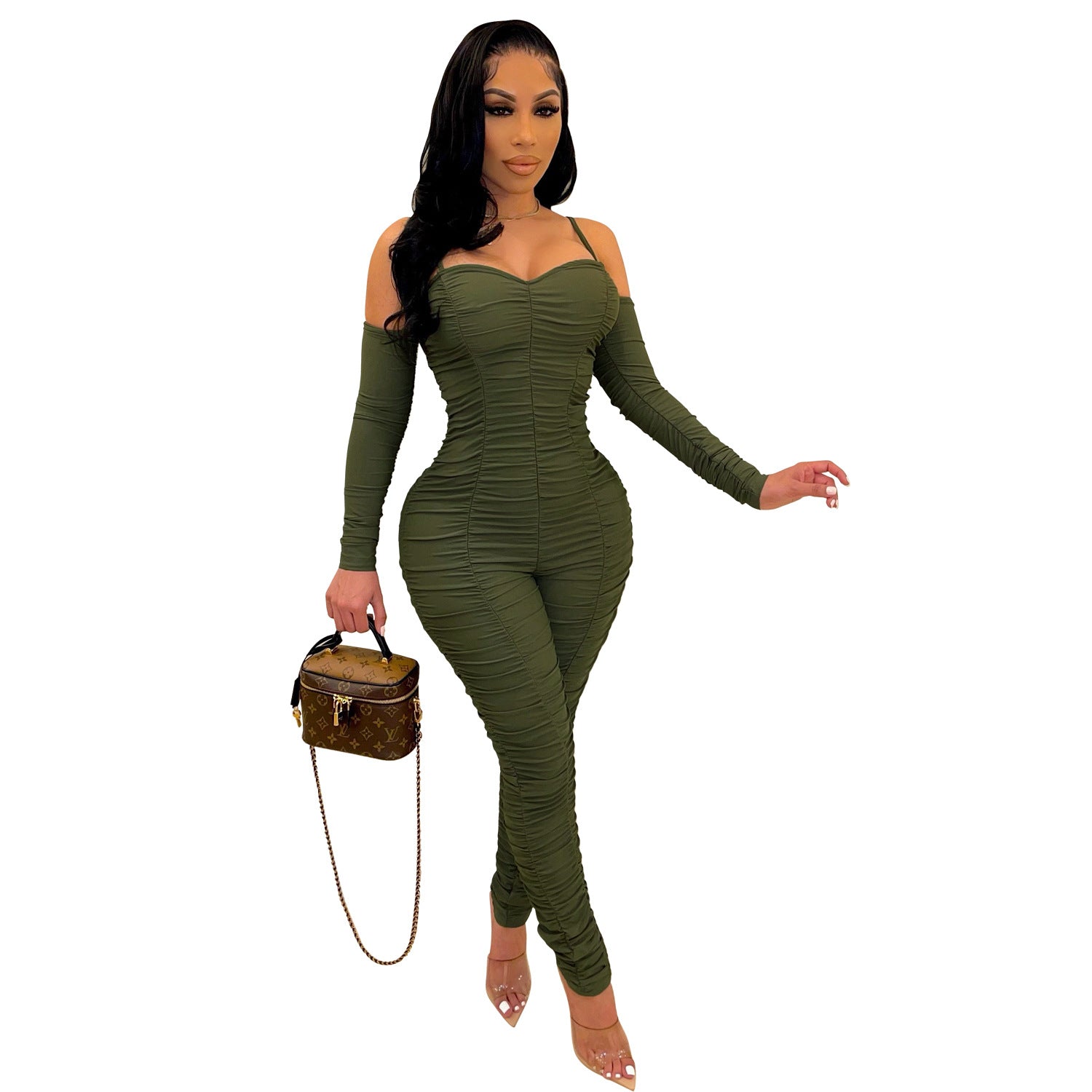 Women Clothing Jumpsuit Sexy Tube Top Long Sleeve Spaghetti-Strap One-Piece Shrink Wrinkle Winter