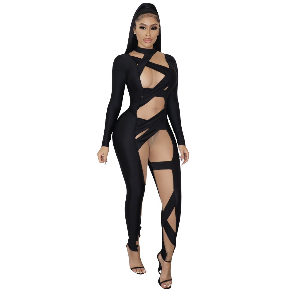 New Women Clothing Sexy Tight Bandage Mesh Stitching Long Sleeves Jumpsuit for Women