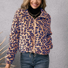 Leopard Print Collared Zipper Furry Jacket Long Sleeve Fleece Sweatshirt Coat Women