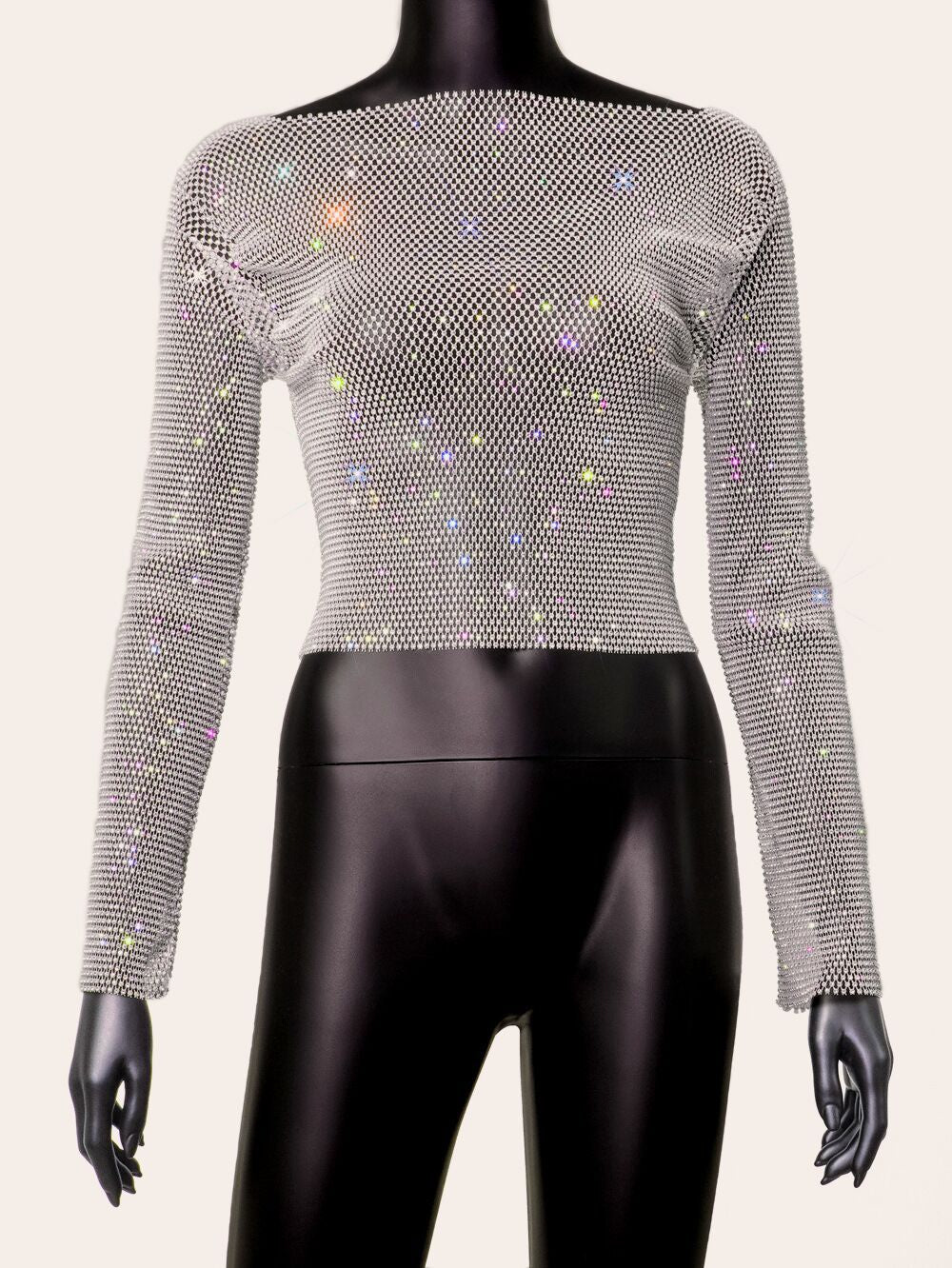 Rhinestone T shirt Women Clothing Popular Mesh Rhinestone Disco Long Sleeved Top