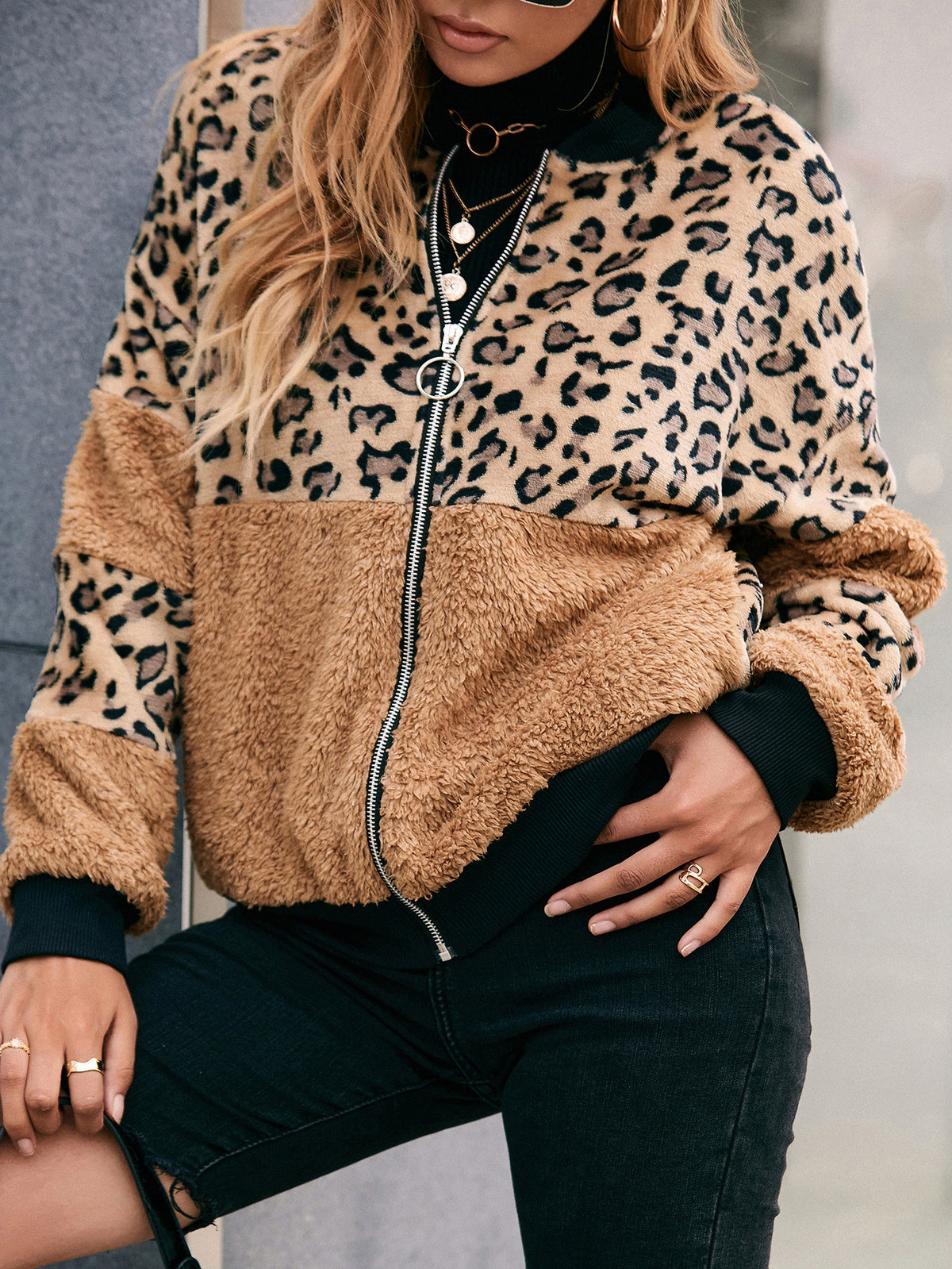 Leopard Print Stud Autumn Winter Stitching Plush Zipper Jacket Loose Wool Sweater Coat Women