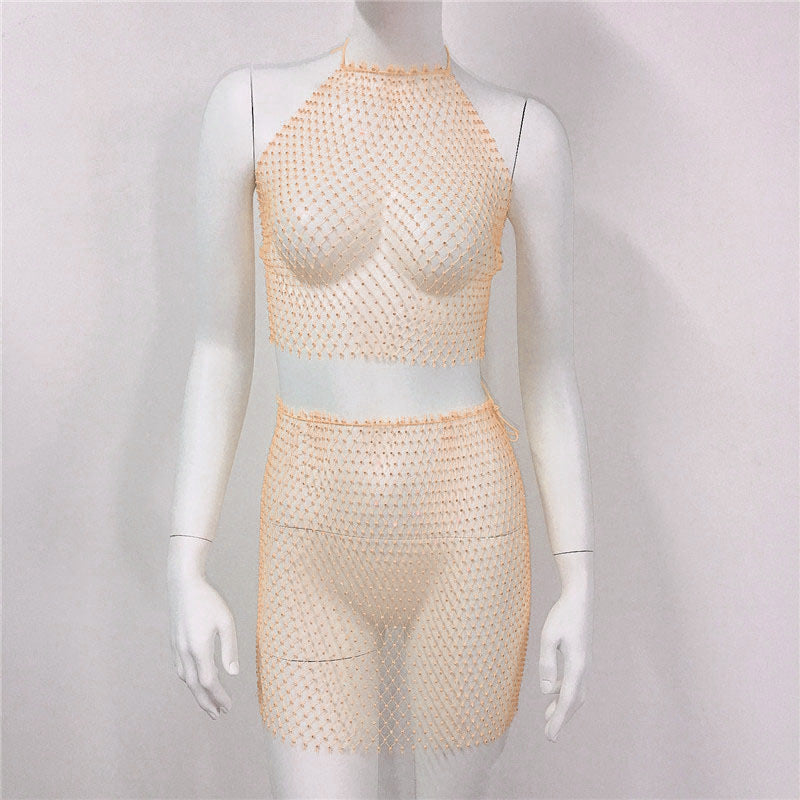 Rhinestone Fishnet Strap Skirt Sexy Mesh Beach Skirt Sets