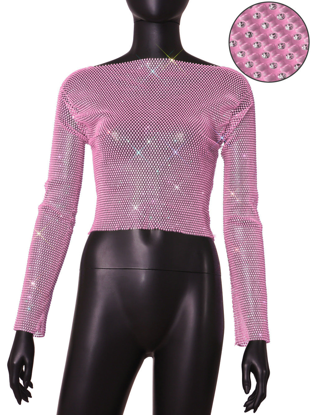 Rhinestone T shirt Women Clothing Popular Mesh Rhinestone Disco Long Sleeved Top