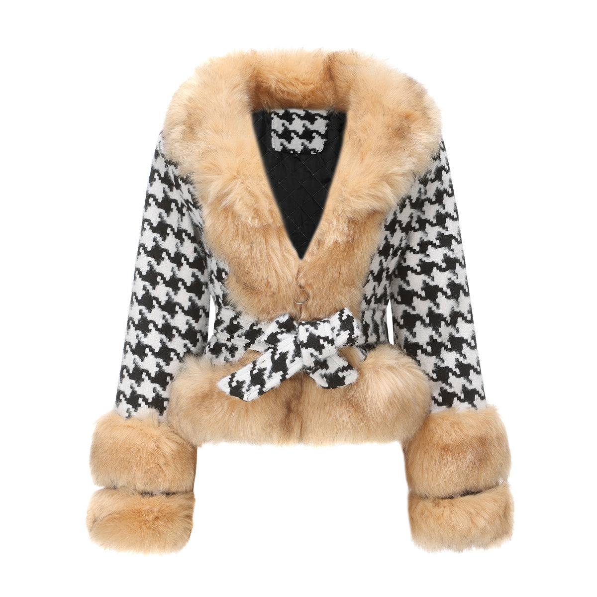 Women Autumn Winter Plaid Coat Detachable Short Fur Collar Tops Houndstooth