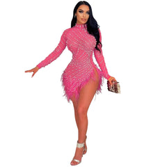 Women Sexy Mesh Rhinestone Foam Feather Dress