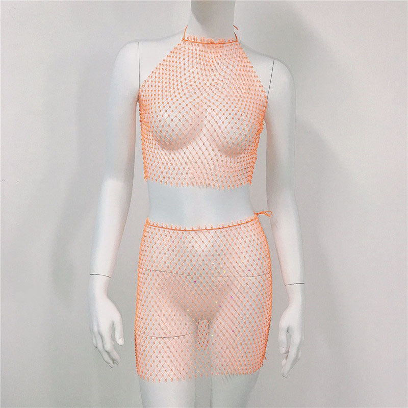 Rhinestone Fishnet Strap Skirt Sexy Mesh Beach Skirt Sets