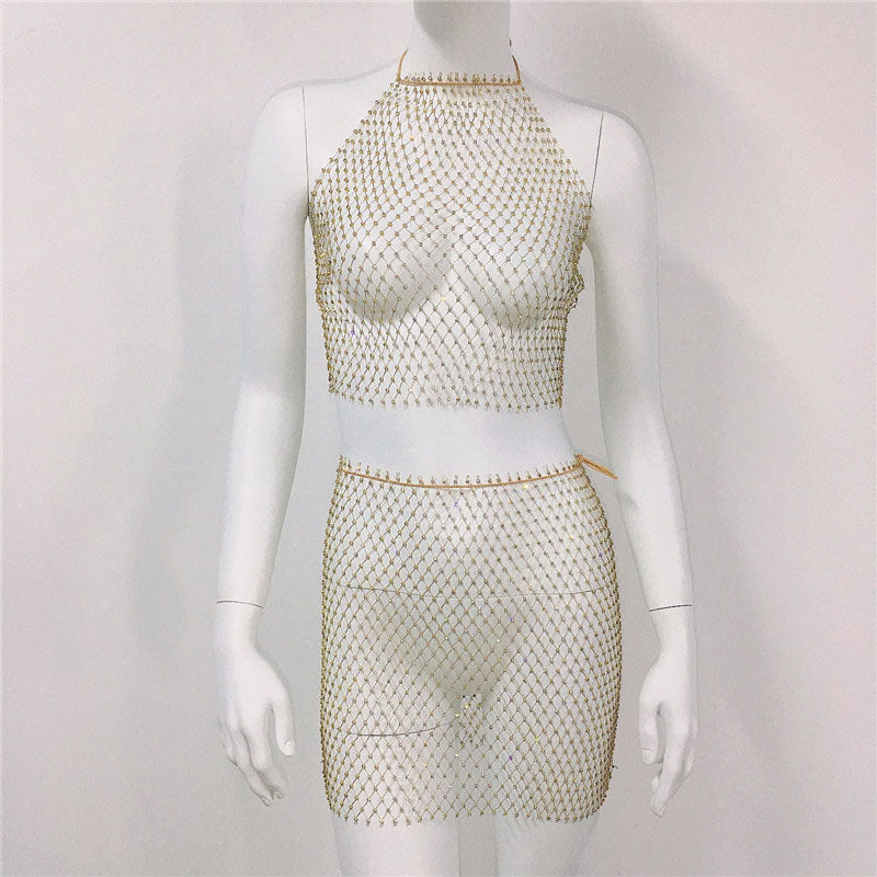 Rhinestone Fishnet Strap Skirt Sexy Mesh Beach Skirt Sets