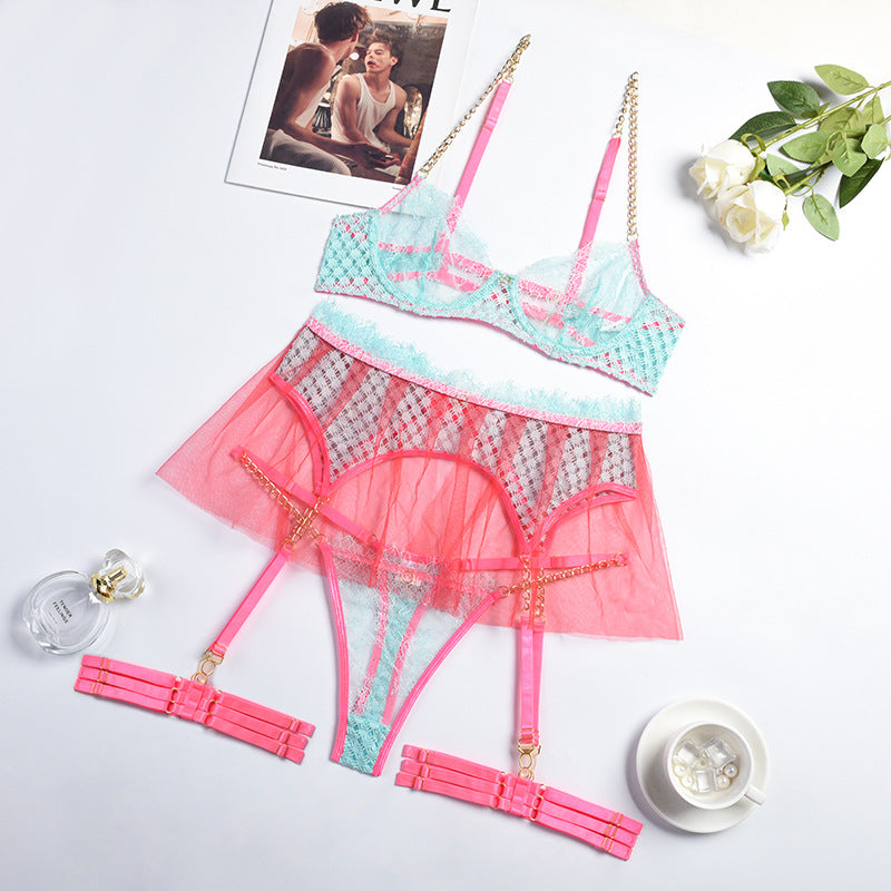 Women Clothing Mesh Metal Chain See-through Stitching Contrast Color Criss Cross Sexy Garter Four-Piece Set