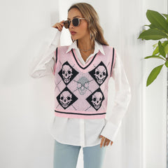 Halloween Skull Jacquard Rhombus Vest Sweater Women Vest Knitwear Autumn Winter