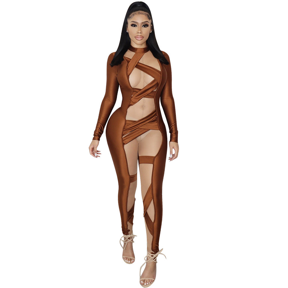 New Women Clothing Sexy Tight Bandage Mesh Stitching Long Sleeves Jumpsuit for Women