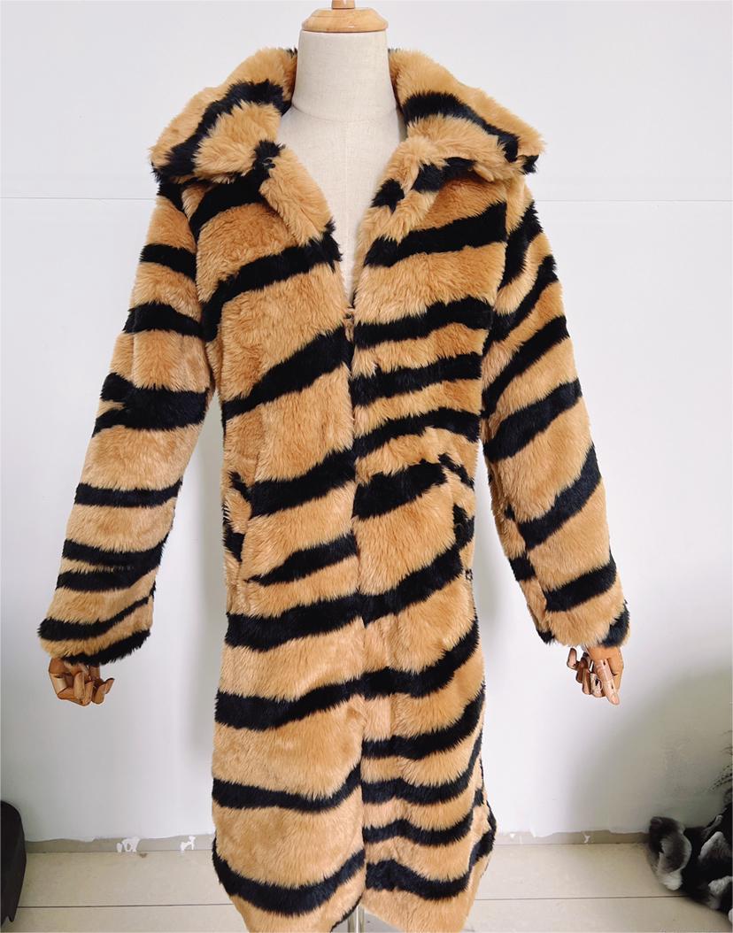 Faux Fur Coat Imitation Tiger Pattern Fur Lengthened Artificial Fur Faux Fur Coat Fur Loose Overcoat Coat