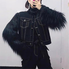 Autumn Winter Oversleeves Patchwork Turtleneck Black Single reasted Solid Color Loose Short Denim Jacket