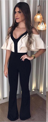 Dress Women Clothing Contrast Color Ruffle Sleeve Pants Jumpsuit