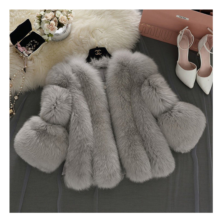 Fur Women Coat Faux Fur Short Stitching Three-Quarter Sleeve Artificial Fur