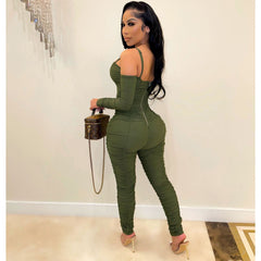 Women Clothing Jumpsuit Sexy Tube Top Long Sleeve Spaghetti-Strap One-Piece Shrink Wrinkle Winter