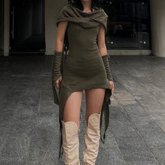 Gothic Dune Doomsday Pile Collar Hooded Dress Irregular Asymmetric Ribbon Stitching Oversleeve Hip