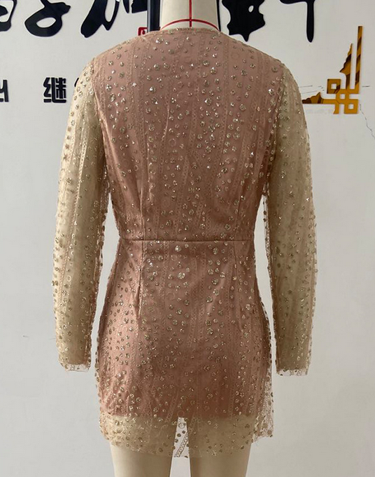 Women Clothing Dress Deep V Plunge See through Long Sleeve Short Dress Gold Dress