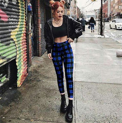 Popular Plaid High Waist Leggings Women Casual Pants Stretch Feet Pants Pencil Pants