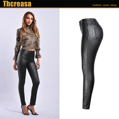 Black Faux Leather Pants Women Clothing High Waist Leopard-Print Coating Skinny Pants Women